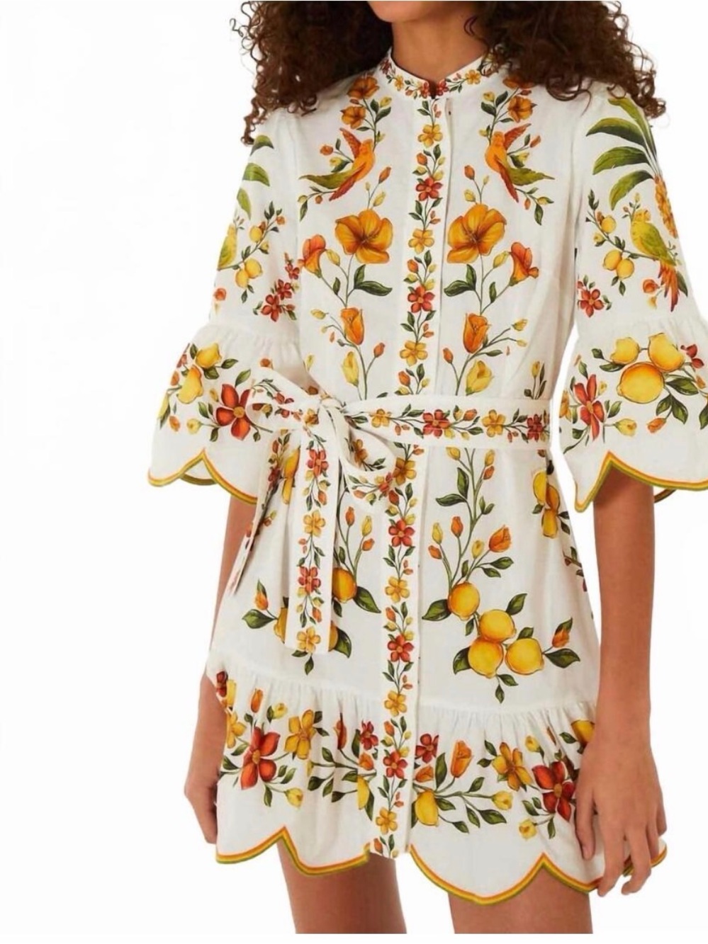NWT FARM Rio Off-White Lemon Bouquet Belted Puff Sleeve Mini Dress